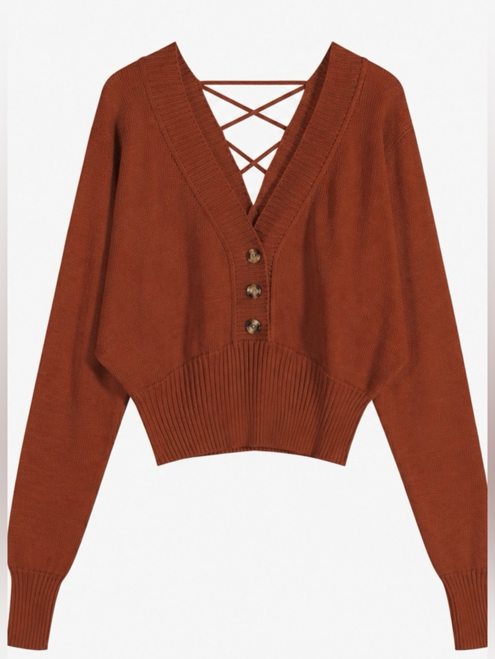 V-Back Button Knit Sweater Rust Brown Size XS NWOT